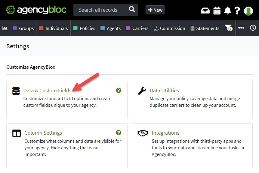 Screenshot showing how to navigate to Data and Custom Field settings