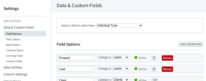 Screenshot showing Field Options for Individual Type