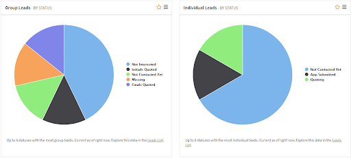 Screenshot showing the Group and Individual Lead Status charts