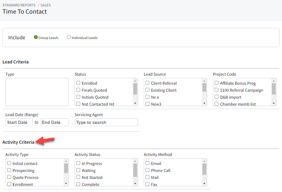 Screenshot showing the report's Activity filters 