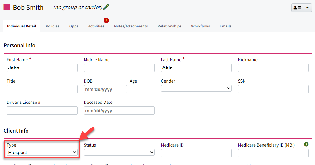 Screenshot highlighting the Type field on an Individual record