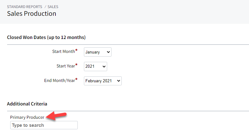 Screenshot showing the Primary Producer report filter