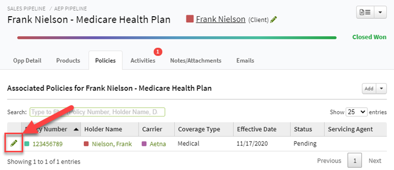 Screenshot showing how to edit the associated Policies of a closed-won Sales Opportunity
