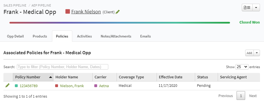 Screenshot showing the associated Policies on a closed-won Sales Opportunity