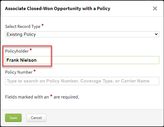 Screenshot showing the process for associating a closed-won Sales Opportunity with a Policy