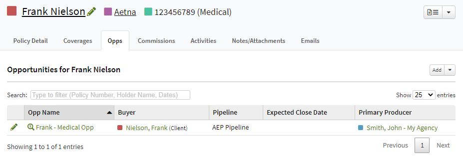 Screenshot showing the associated Sales Opportunities on a Policy