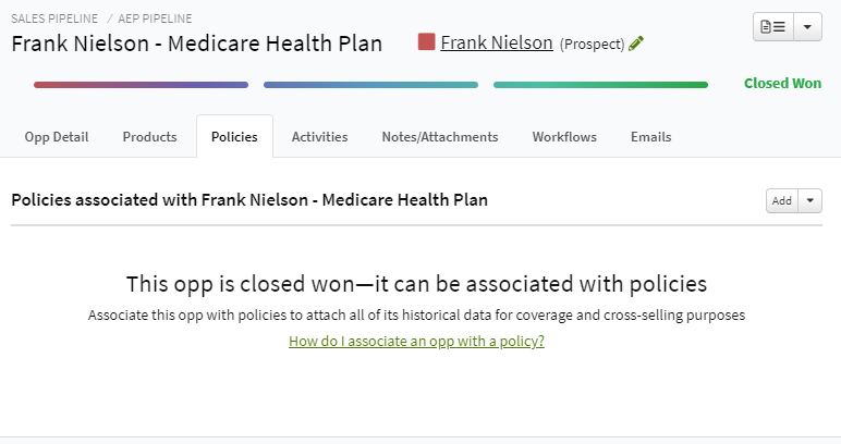 Screenshot showing the Policies tab of a closed-won Sales Opportunity